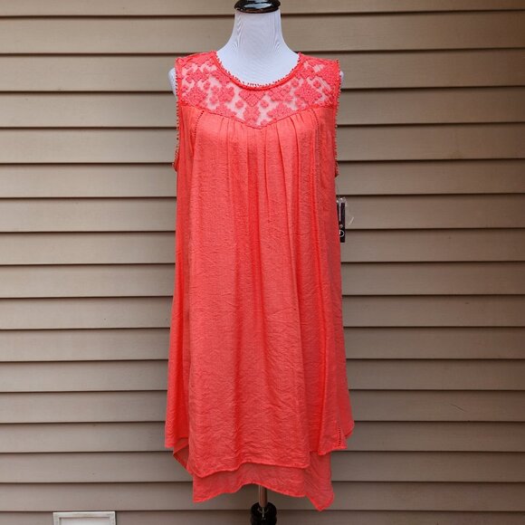 New Directions Coral Red Shift Dress NWT Lace Asymmetric Sleeveless Solid - Picture 2 of 15
